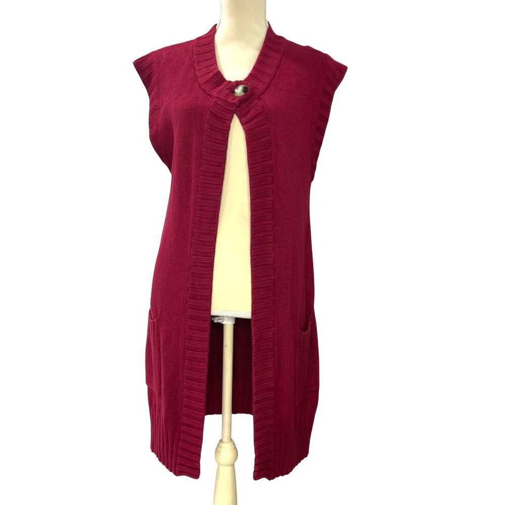Chico's Knit Duster Womens Size 1 (US 8) Bamboo Rayon One Button Vest Red Cotton